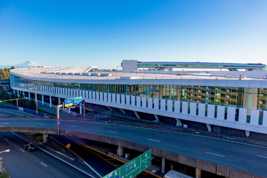 Arial view of the exterior of Sea Tac - International Arrivals Facility