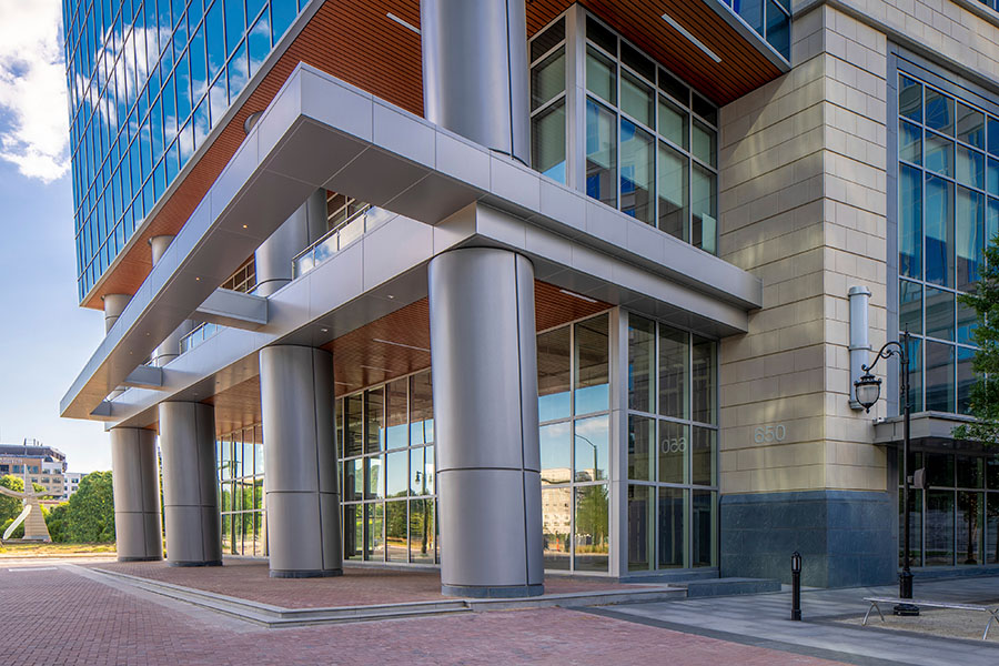 Exterior photo of the entrance to Deloitte HQ.