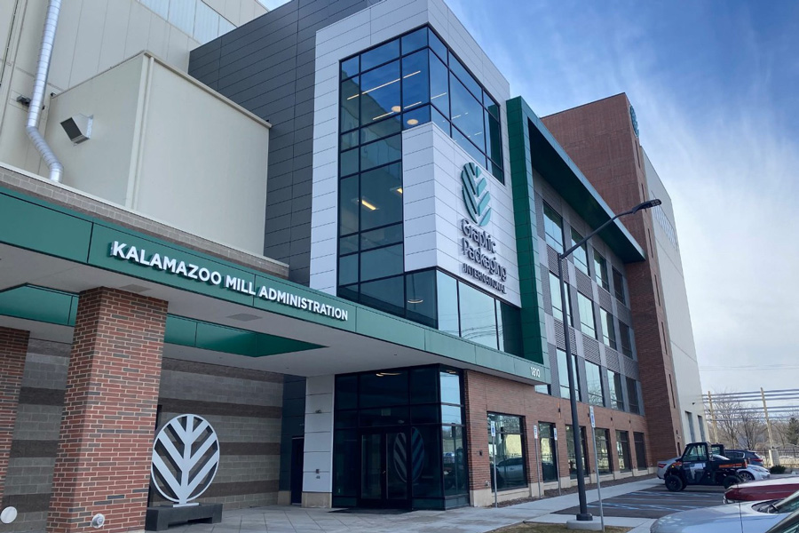Exterior of the Graphic Packaging building entrance.