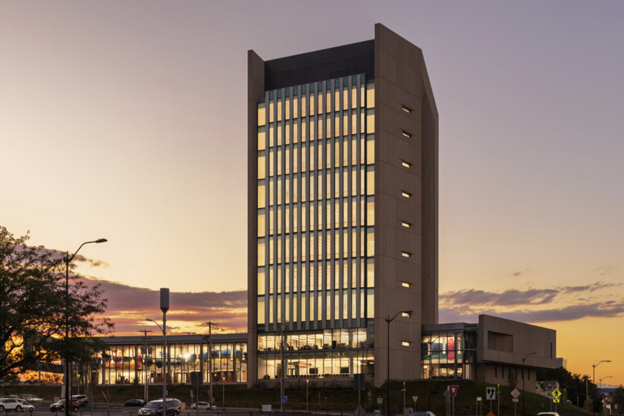 Arial photo of Harrisburg Federal Courthouse at sunset