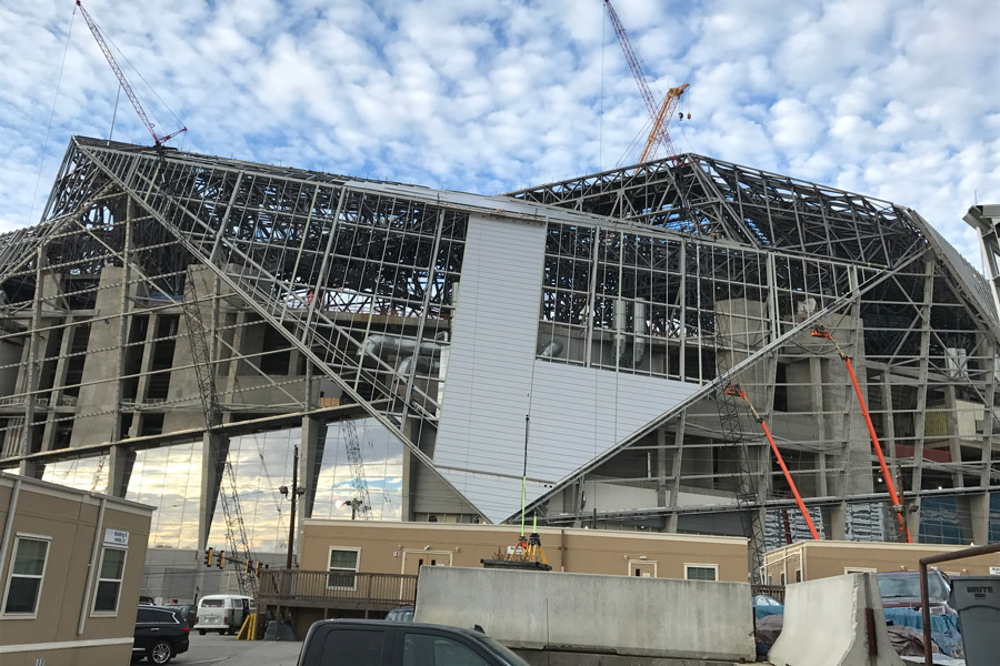 Exterior of the Mercedes Benz Stadium being built.