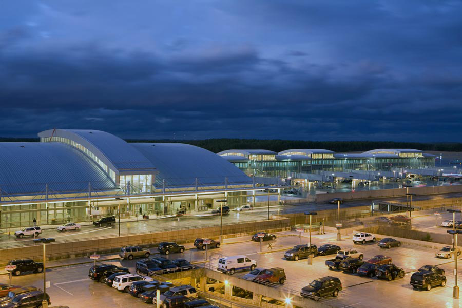 Arial photo of Raleigh Durham Airport and the parking lot in front of it.