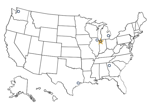 Map of the united states with stars indicating Crown Corr Locations. Washington, texas, georgia, illinois, indiana and michigan.